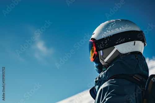 Snowboarder Preparing for a Winter Adventure with a Blue Sky Background and Snow-Covered Terrain from an Over the Shoulder Perspective photo