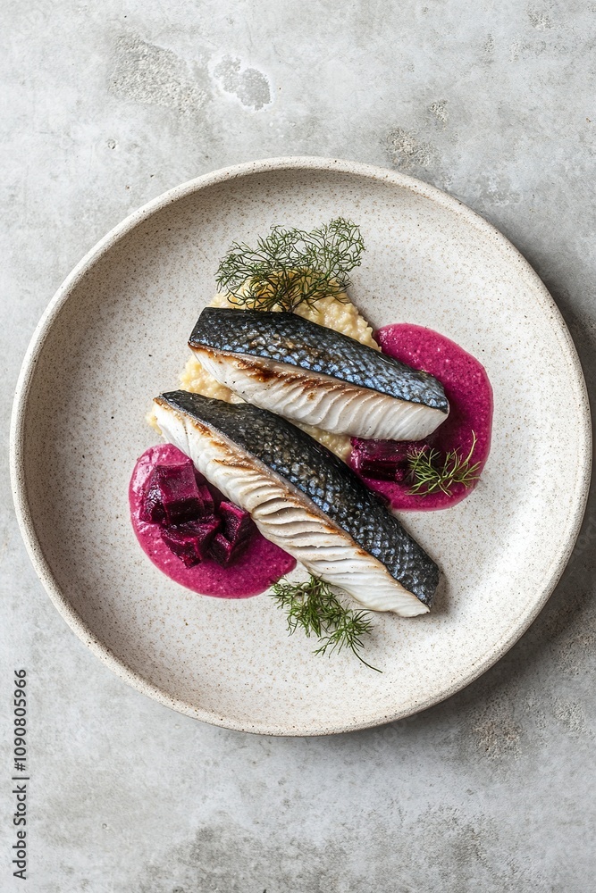 photo of mackerel on an elegant plate, with pink polenta and beet moss sauce, taken by a Nikon DSLR camera. Golden hour light from above creates a top-down, generative ai photo of mackerel on an elegant plate, with pink polenta and beet moss sauce, taken by a Nikon DSLR camera. Golden hour light from above creates a top-down, generative ai