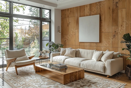 Minimalist, a mid century modern interior in a well-lit living room that uses wood to finish the walls and see the sofa and table. Generative AI
