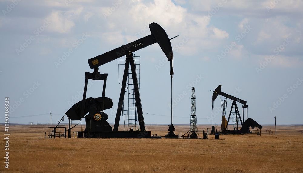 Oil Field at Sunset with Pumpjacks and Refineries Oil Field at Sunset with Pumpjacks and Refineries