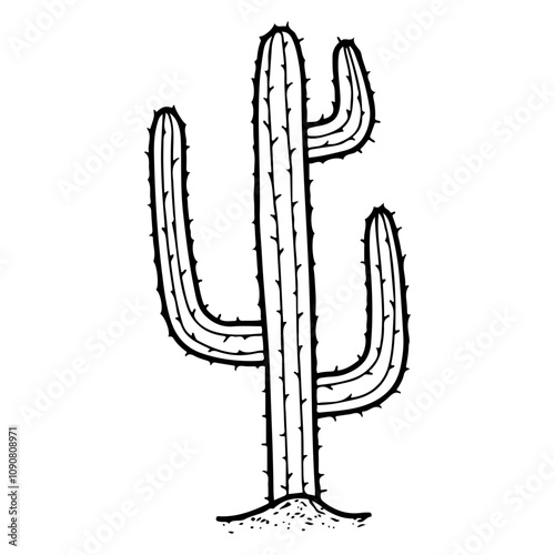 Desert cactus hand drawn doodle. Wild west plant. Arid region nature. Prickly succulent. Western. Vector line art illustration.