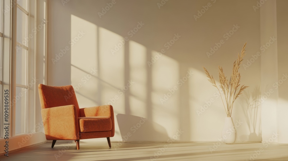 Orange armchair in sunlit minimalist room with dried flowers Orange armchair in sunlit minimalist room with dried flowers