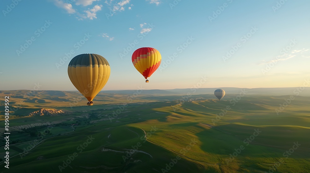 Obraz premium Hot Air Balloons Over Scenic Landscape at Sunrise