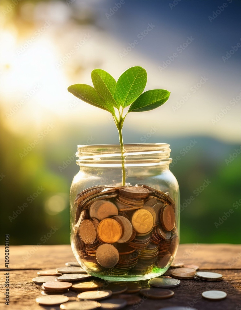 A small plant sprouts from a jar of coins, symbolizing growth and financial prosperity. A small plant sprouts from a jar of coins, symbolizing growth and financial prosperity.