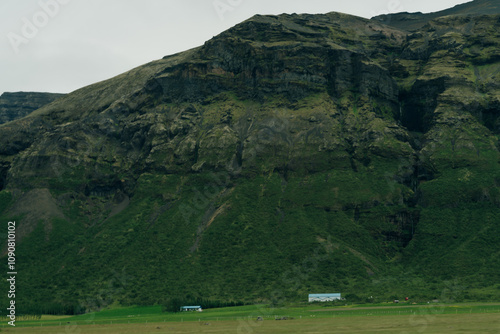 rural scene with grazing sheep,rustic farm buildings and a tranquil lake,capturing Iceland countryside charm. photo