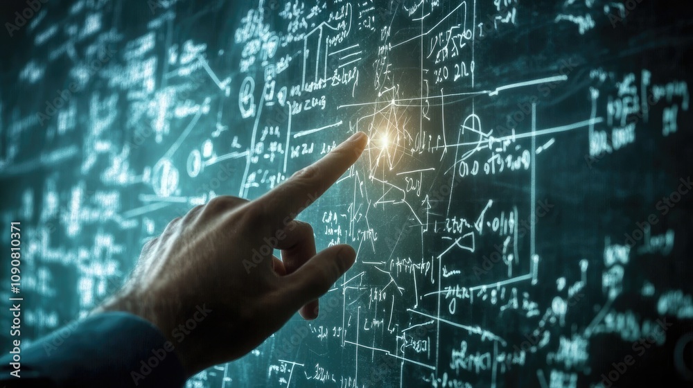 Hand pointing at complex mathematical equations on a chalkboard. Hand pointing at complex mathematical equations on a chalkboard.