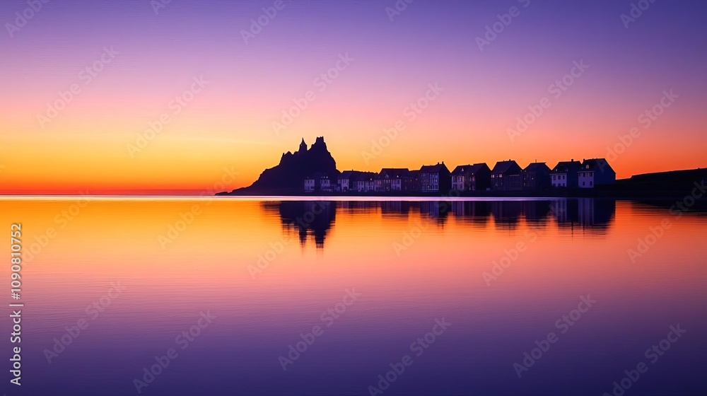 Naklejka premium The silhouette of a town submerged at dusk, orange and purple hues reflecting on the water