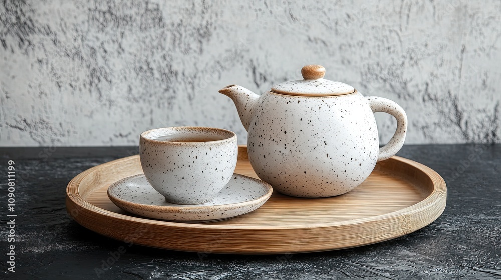 Tea set on wooden tray, speckled ceramic teapot and cup. Tea set on wooden tray, speckled ceramic teapot and cup.