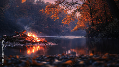 An autumn evening campfire by a river, with logs piled around it and the reflection of the fire shimmering in the water.An autumn evening campfire by a river, with logs piled around it and the reflect photo