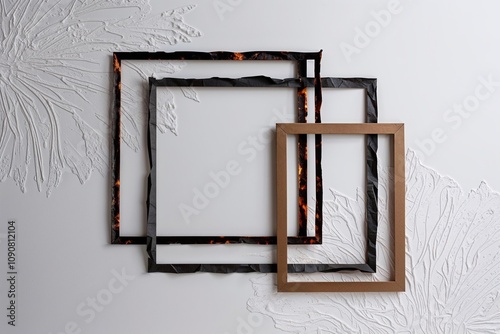 Burnt Paper Frames on Clean White Surface Featuring Textured Designs