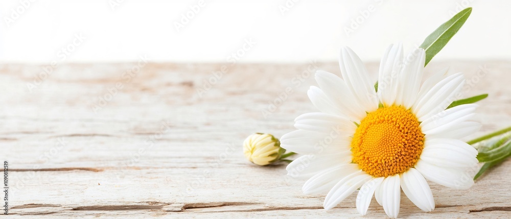 Obraz premium Vibrant Daisy on Rustic Wooden Table with Minimal Countryside Setting