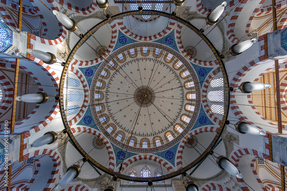 Obraz premium Interior of Rustem Pasa Mosque in Istanbul. Famous Rustem pasha mosque interior. Iznik blue tiles. Rustem Pasa Mosque most beautiful and classical