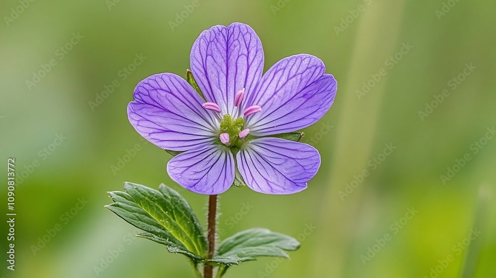 Fototapeta premium Solitary Vibrant Wildflower Blooming in Open Countryside Field with Soft Green Tones
