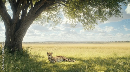 A cheetah lounging in the shade of an acacia tree on a hot afternoon.