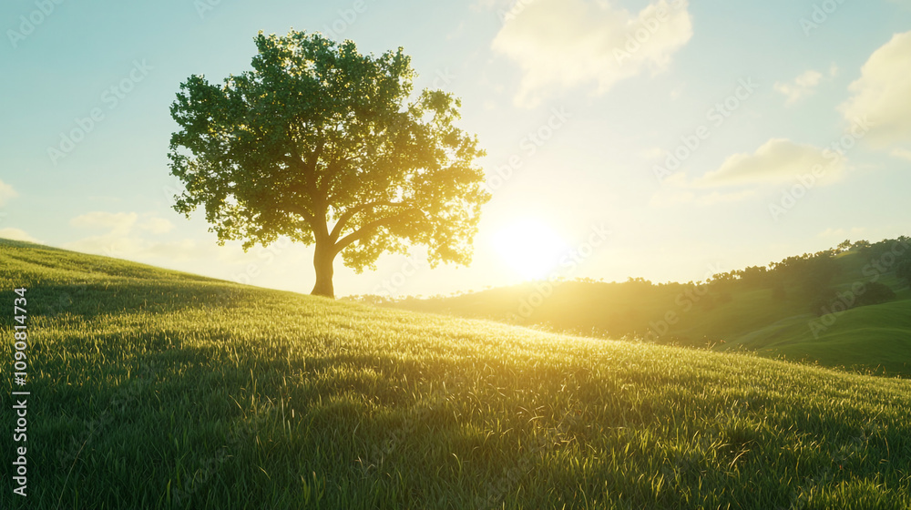 Obraz premium Bright morning sun rises over a lone tree on a green hillside in early spring