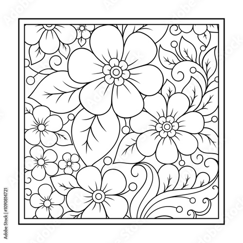 Outline square flower pattern in mehndi style for coloring book page. Antistress for adults and children. Doodle ornament in black and white. Hand draw vector illustration.