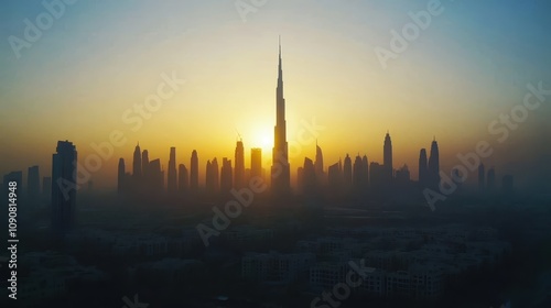 A city skyline silhouetted against the soft light of dawn.