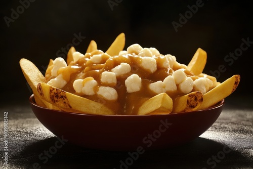 A mouthwatering bowl of poutine featuring golden French fries topped with rich gravy and squeaky cheese curds. photo