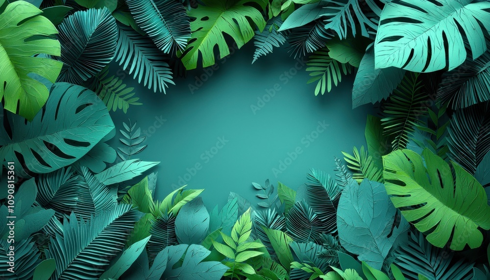 Fototapeta premium A vibrant arrangement of tropical leaves creates a lush, green frame, perfect for nature-themed designs and backgrounds.