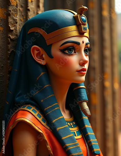 pharaoh of the Egyptian empire with smooth facial features, ebony tree in the background, vivid colors, realistic, detailed