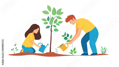 Community Tree Planting Event with Man Watering Plants