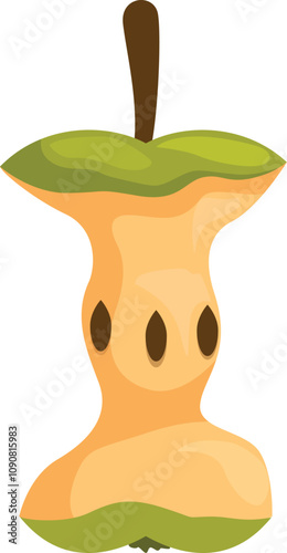 Cartoon illustration of an eaten apple core, featuring seeds and stem, isolated on white