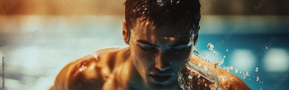 Naklejka premium A young swimmer breaks through the water's surface, droplets cascading down as sunlight illuminates his focused expression. The scene captures dedication and intensity