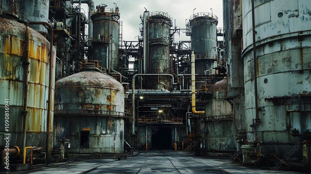 A large industrial plant with many tanks and pipes. The tanks are old and rusty. Scene is industrial and somewhat bleak