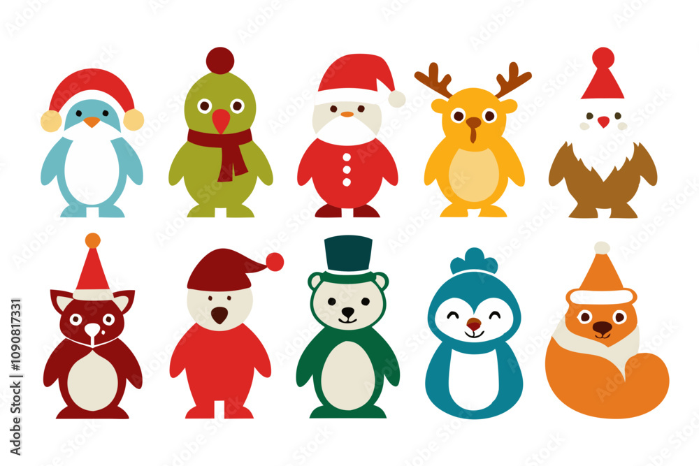 Fototapeta premium Set of Christmas icons. penguin, chicken, Santa Claus, reindeer, bear, fox, squirrel. Vector illustration 