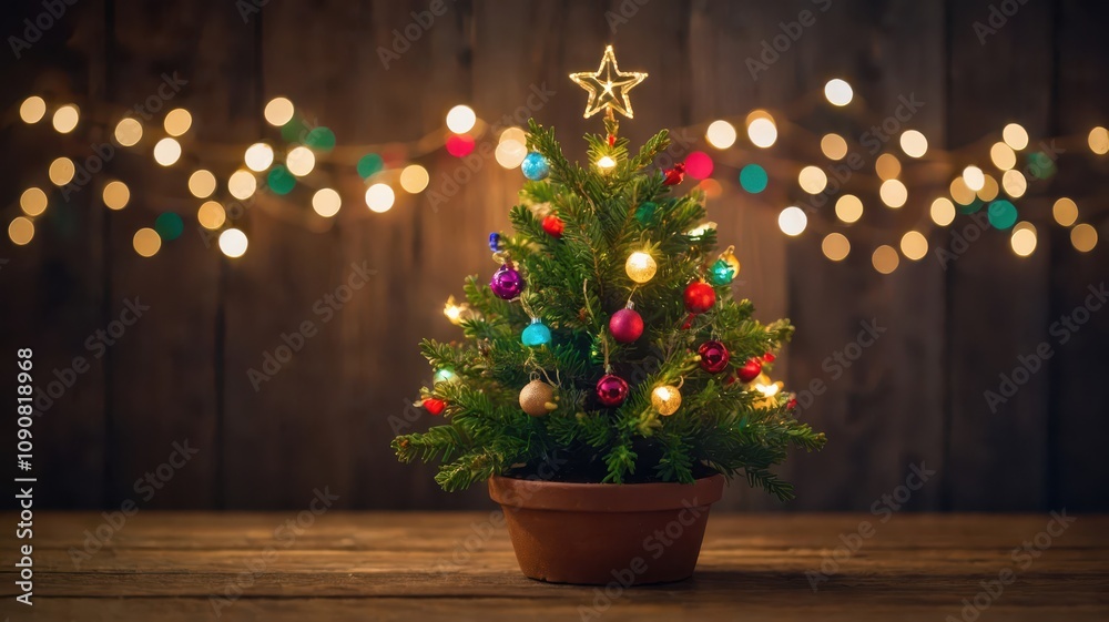 Fototapeta premium Small Christmas festival pine tree with ornaments and a star