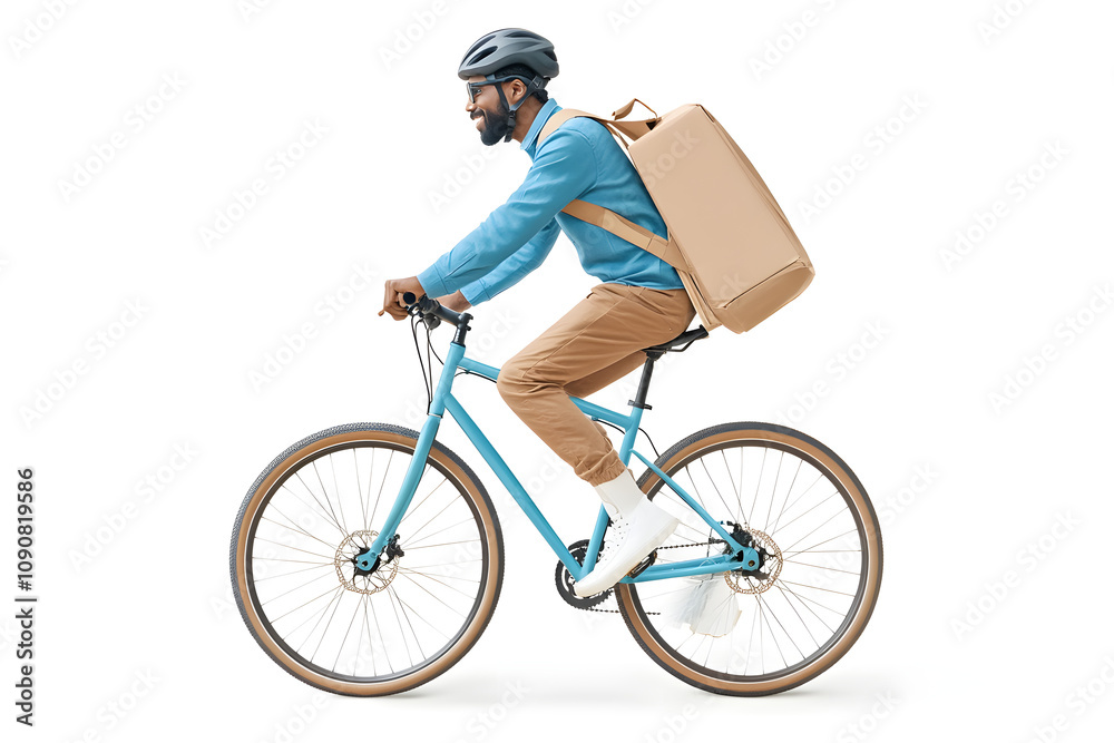Fototapeta premium A delivery man courier riding bike side view, isolated on white background
