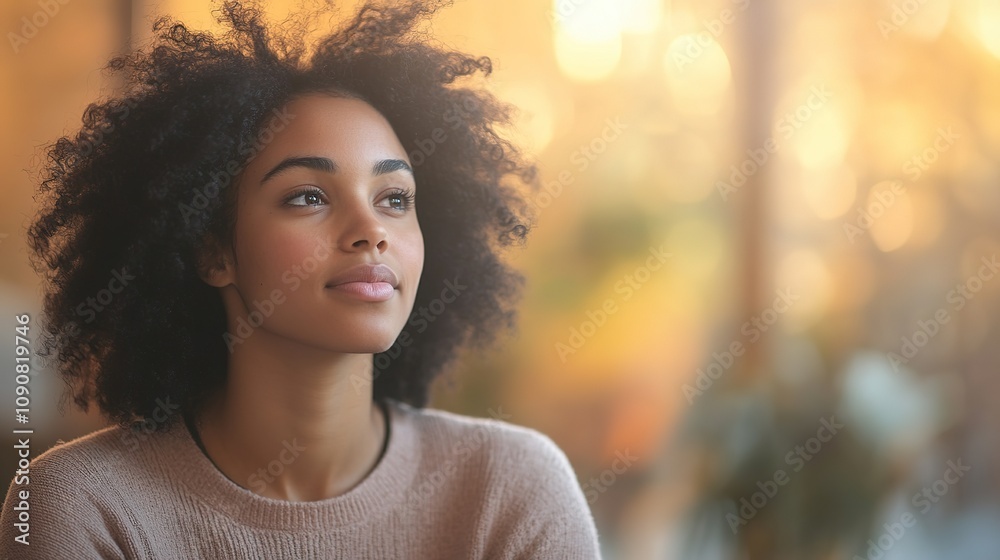 Obraz premium Contemplative Black woman with natural hair looking away