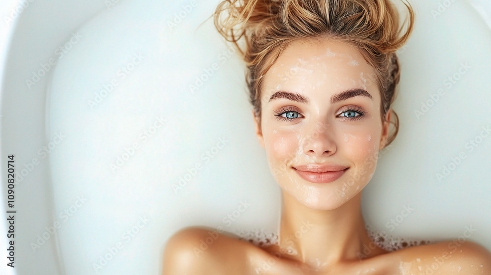 Naklejka premium Portrait of a Confident Woman with Glowing Skin Relaxing in a Bathtub Surrounded by Soft Light, Capturing Natural Beauty and Radiance