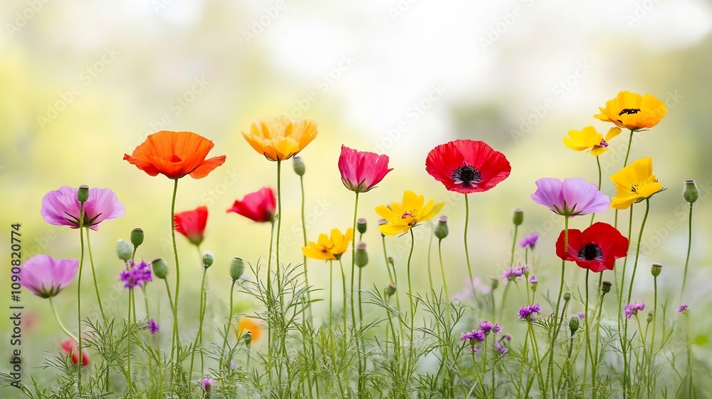 Fototapeta premium Vibrant Wildflowers Blossoming in Soft Focused Countryside Landscape