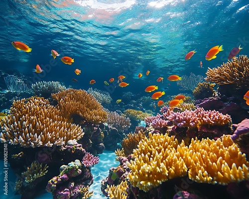 Visual storytelling photography narrative, Underwater Coral Reef with Colorful Fish Swimming photo