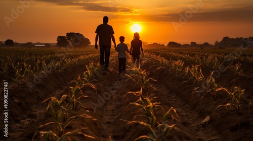In a corn field, a happy family watches the sun rise.  