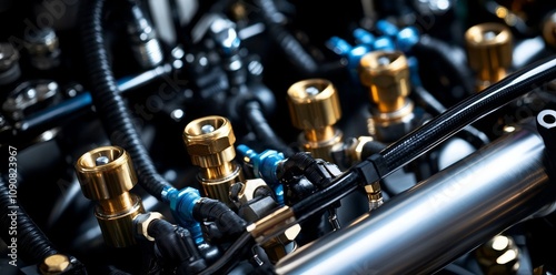 A view of industrial pneumatic tools linked to a compressed air system, showing hoses and valves in a manufacturing environment. photo