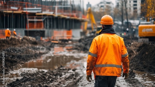 Construction Worker on Muddy Site - Construction worker, hard hat, orange jacket, muddy site, building project.  Symbolizing hard work, progress, industry, challenges, and infrastructure. photo