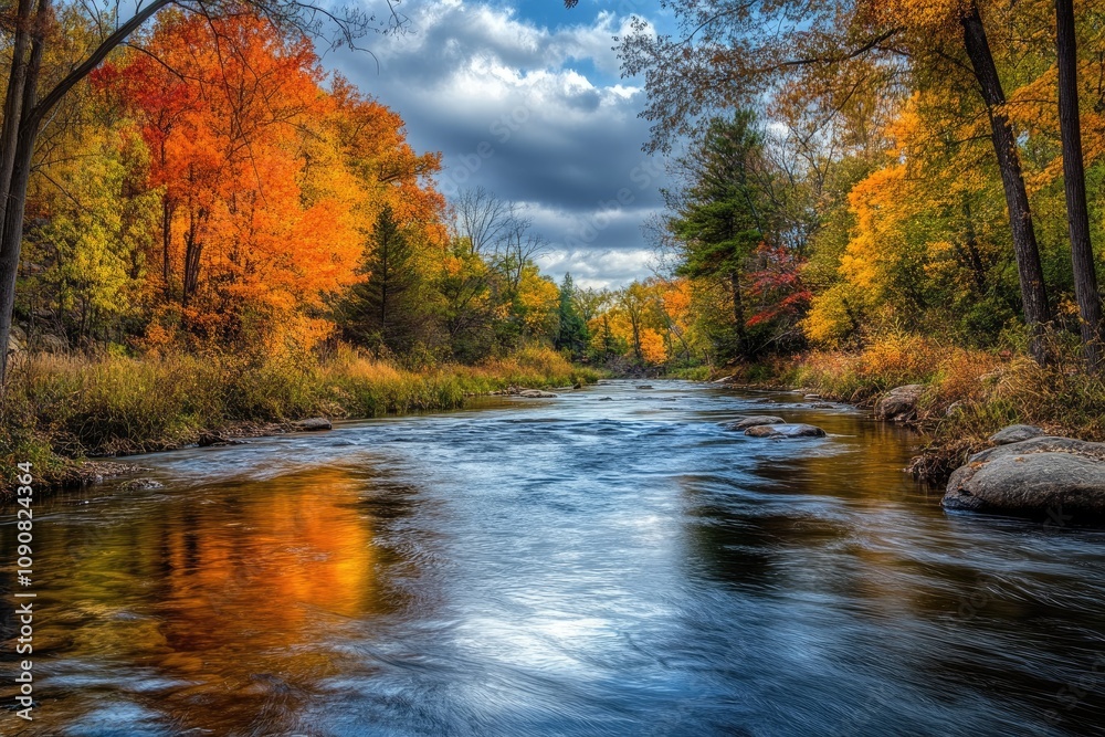 Fototapeta premium Serene River Flowing Through Autumnal Forest