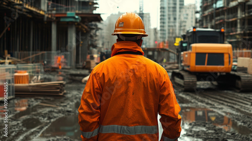 Construction Worker on Urban Building Site - A construction worker in an orange jacket stands on a muddy construction site, with heavy machinery in the background symbolizing labor, industry, developm photo