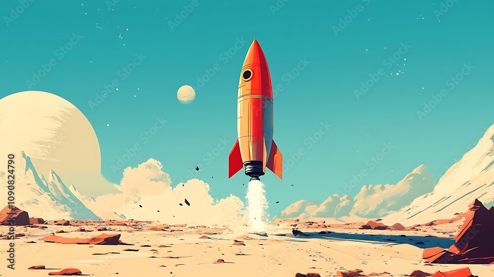 Fototapeta premium Retro Rocket Launching From An Alien Planet