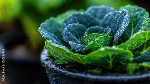 A vibrant, dew-kissed lettuce plant displayed in a pot, illustrating the freshness of nature and the beauty of plants thriving in a nurturing environment. photo