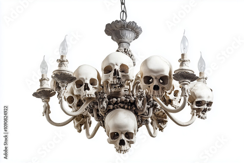 A chandelier made of bones and human skulls isolated on a white background...