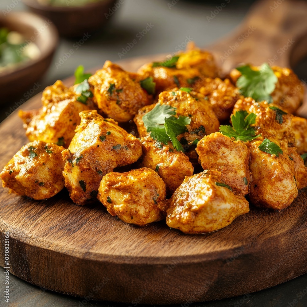 Fototapeta premium Chicken pieces with skin, ready for curry, sit on a wooden board.