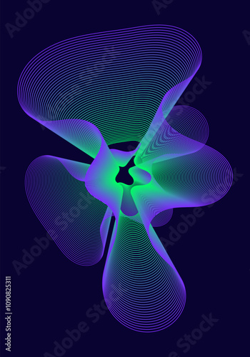 A vibrant abstract composition featuring a dynamic interplay of flowing lines and gradients in hues of purple and green.