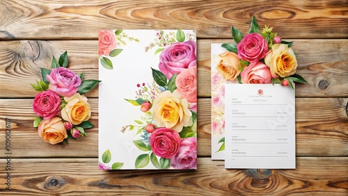 Elegant Wedding Invitation, Menu, and Thank You Card Templates with Watercolor Roses in Rustic Style for a Romantic and Charming Celebration