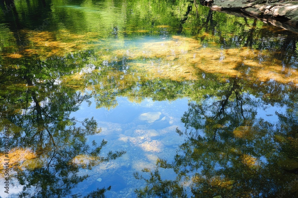 Fototapeta premium Reflection of Trees in a Still, Clear Creek