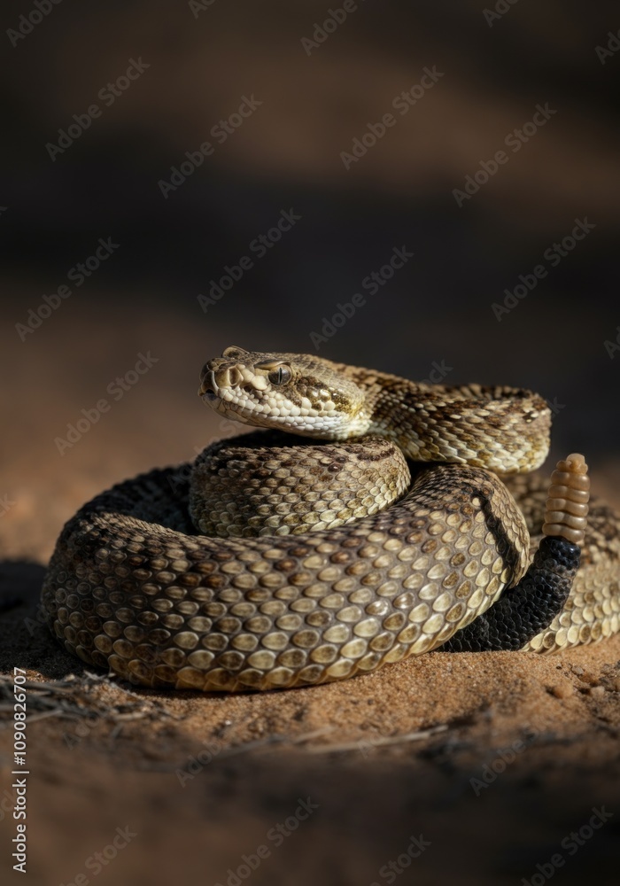 Obraz premium Rattlesnake coiled in sunlit desert habitat, close-up of scales and rattle