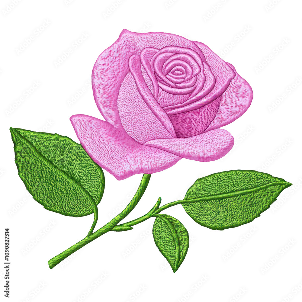 Fototapeta premium A pink rose with green leaves is embroidered isolated on transparent or white background, png