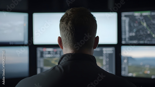 A close-up of an air traffic controller monitoring flight paths on multiple screens in a control tower, emphasizing the importance of safety in aviation. An air traffic controller at work.


 photo